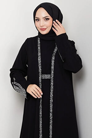 Taş Detaylı İçlikli Abaya Takım Siyah HM2858