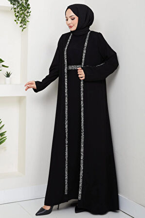 Taş Detaylı İçlikli Abaya Takım Siyah HM2858