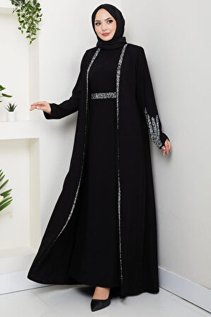 Taş Detaylı İçlikli Abaya Takım Siyah HM2858