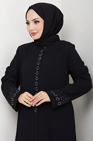 Gizli Patlı Çiçek Taşlı Ferace Siyah HM2859