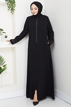 Gizli Patlı Çiçek Taşlı Ferace Siyah HM2859