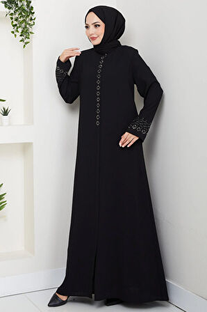 Gizli Patlı Çiçek Taşlı Ferace Siyah HM2859