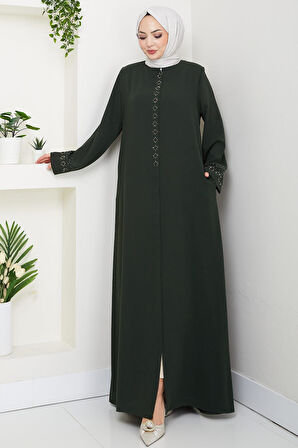 Gizli Patlı Çiçek Taşlı Ferace Haki HM2859