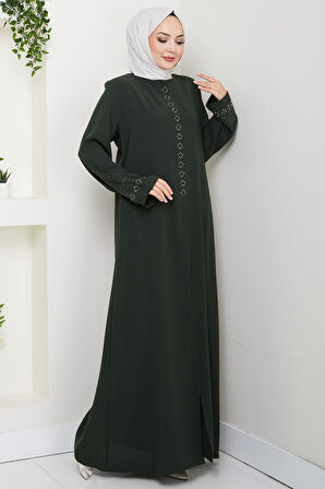 Gizli Patlı Çiçek Taşlı Ferace Haki HM2859