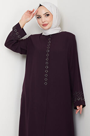 Gizli Patlı Çiçek Taşlı Ferace Mor HM2859