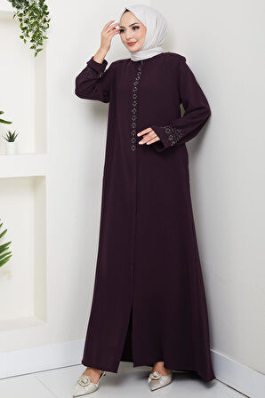 Gizli Patlı Çiçek Taşlı Ferace Mor HM2859