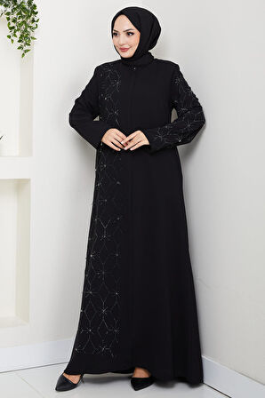 Gizli Patlı Yarım Taşlı Ferace Siyah HM2860