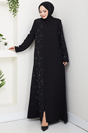 Gizli Patlı Yarım Taşlı Ferace Siyah HM2860