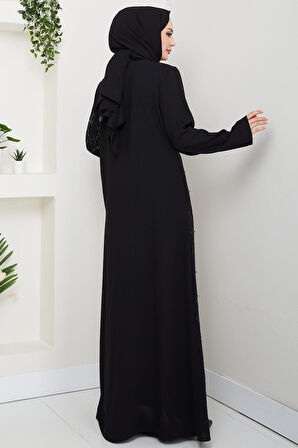 Gizli Patlı Yarım Taşlı Ferace Siyah HM2860