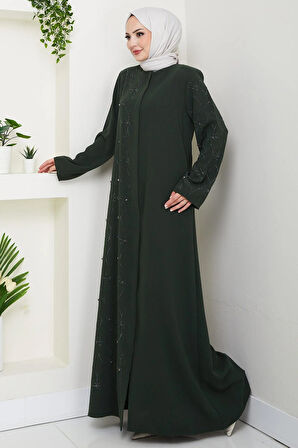 Gizli Patlı Yarım Taşlı Ferace Haki HM2860