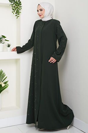 Gizli Patlı Yarım Taşlı Ferace Haki HM2860