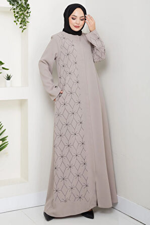 Gizli Patlı Yarım Taşlı Ferace Bej HM2860