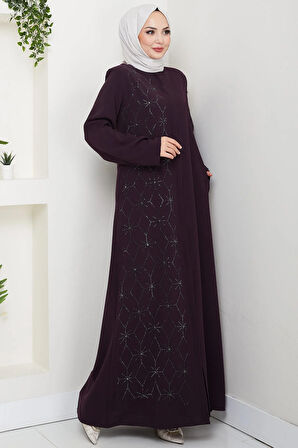 Gizli Patlı Yarım Taşlı Ferace Mürdüm HM2860