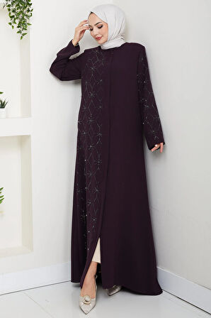 Gizli Patlı Yarım Taşlı Ferace Mürdüm HM2860