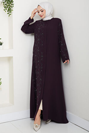 Gizli Patlı Yarım Taşlı Ferace Mürdüm HM2860