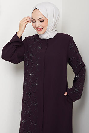 Gizli Patlı Yarım Taşlı Ferace Mürdüm HM2860