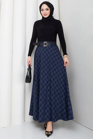 Kemerli Mevlana Model Ekose Etek Lacivert HM2874