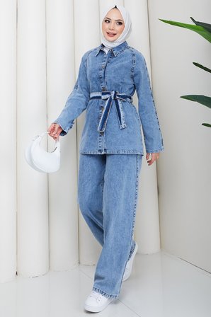 Kuşaklı Düğmeli Pantolonlu Kot Takım HM2876 Açık Mavi