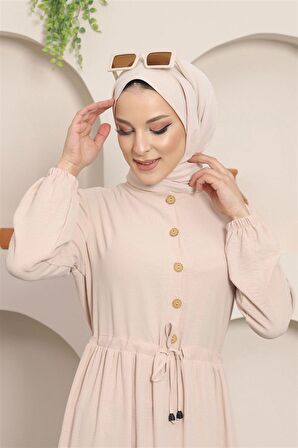 Büzgülü Düğmeli Aerobin Elbise Krem