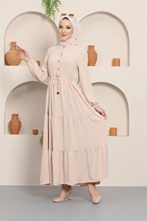 Büzgülü Düğmeli Aerobin Elbise Krem