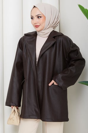 Oversize Kabartmalı Suni Deri Ceket Kahverengi HM2885