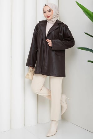 Oversize Kabartmalı Suni Deri Ceket Kahverengi HM2885