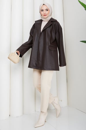 Oversize Kabartmalı Suni Deri Ceket Kahverengi HM2885