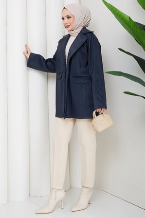 Oversize Kabartmalı Suni Deri Ceket Lacivert HM2885