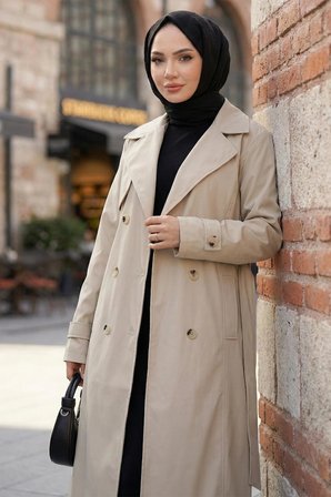 Kuşaklı Düğmeli Trençkot Taş Rengi HM2890