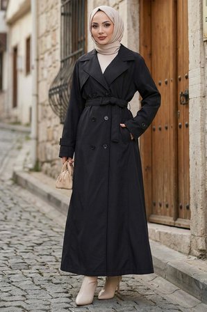 Kuşaklı Düğmeli Tamboy Trençkot Siyah HM2891