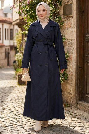 Kuşaklı Düğmeli Tamboy Trençkot Lacivert HM2891