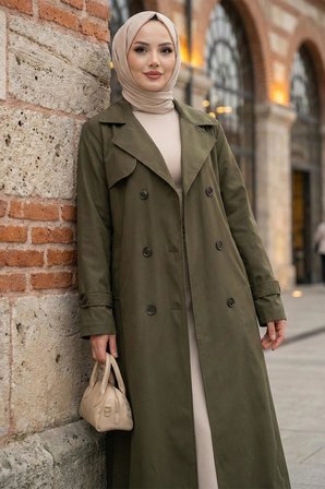 Kuşaklı Düğmeli Tamboy Trençkot Haki HM2891