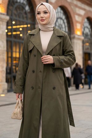 Kuşaklı Düğmeli Tamboy Trençkot Haki HM2891