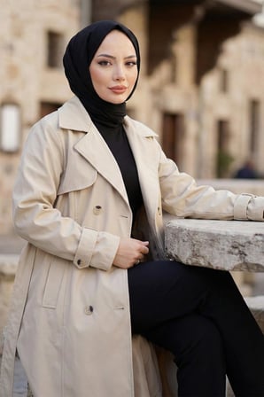 Kuşaklı Düğmeli Tamboy Trençkot Taş Rengi HM2891