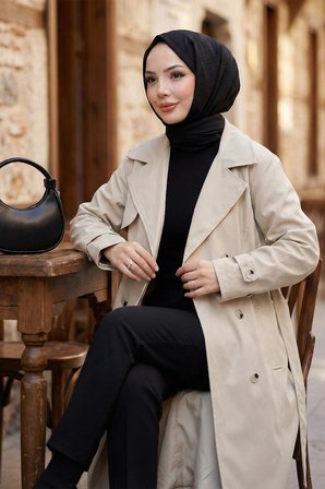 Kuşaklı Düğmeli Tamboy Trençkot Taş Rengi HM2891