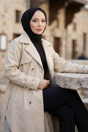 Kuşaklı Düğmeli Tamboy Trençkot Taş Rengi HM2891
