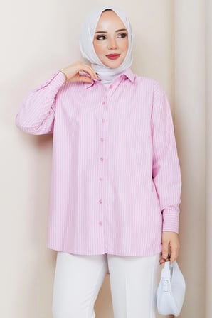 Çizgili Tesettür Gömlek Pembe HM2893