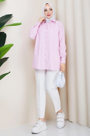 Çizgili Tesettür Gömlek Pembe HM2893