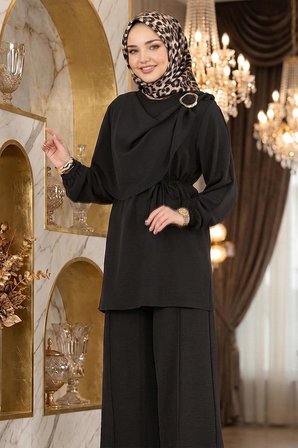 Yandan Tokalı Pantolonlu Ayrobin Takım Siyah HM2901
