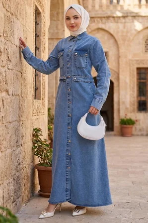Düğmeli Denim Elbise Açık Mavi HM2897