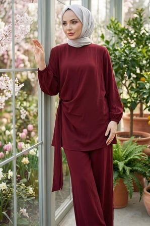 Yandan Tokalı Pantolonlu Modal Takım Bordo HM2900