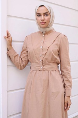 Ceketli Cepli Beli Bağlamalı Jile Elbise Camel HM262785