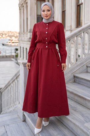 Ceketli Cepli Beli Bağlamalı Jile Elbise Bordo HM262785
