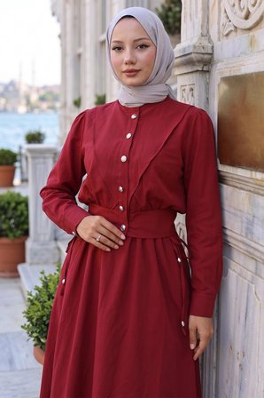 Ceketli Cepli Beli Bağlamalı Jile Elbise Bordo HM262785