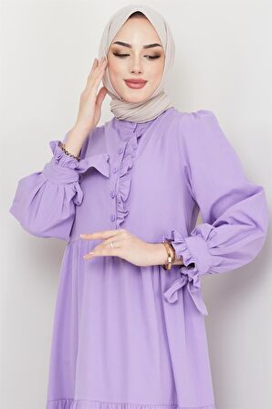 Önü Fırfırlı Kolu Bağlamalı Elbise Lila