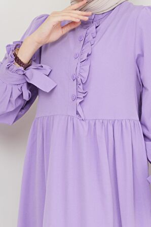 Önü Fırfırlı Kolu Bağlamalı Elbise Lila