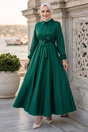 Kuşaklı Mevlana Elbise Zümrüt Yeşili HM2105