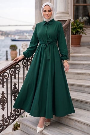 Kuşaklı Mevlana Elbise Zümrüt Yeşili HM2105
