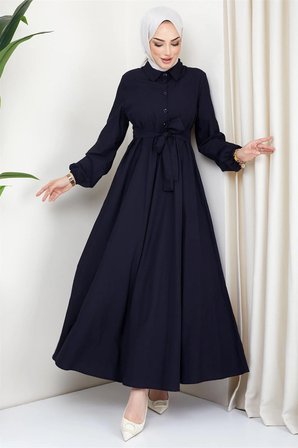 Kuşaklı Mevlana Elbise Lacivert HM2105