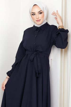 Kuşaklı Mevlana Elbise Lacivert HM2105